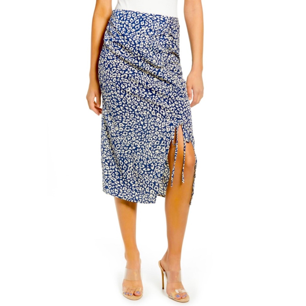 J.O.A. Ruched MIDI Skirt Navy Animal Print